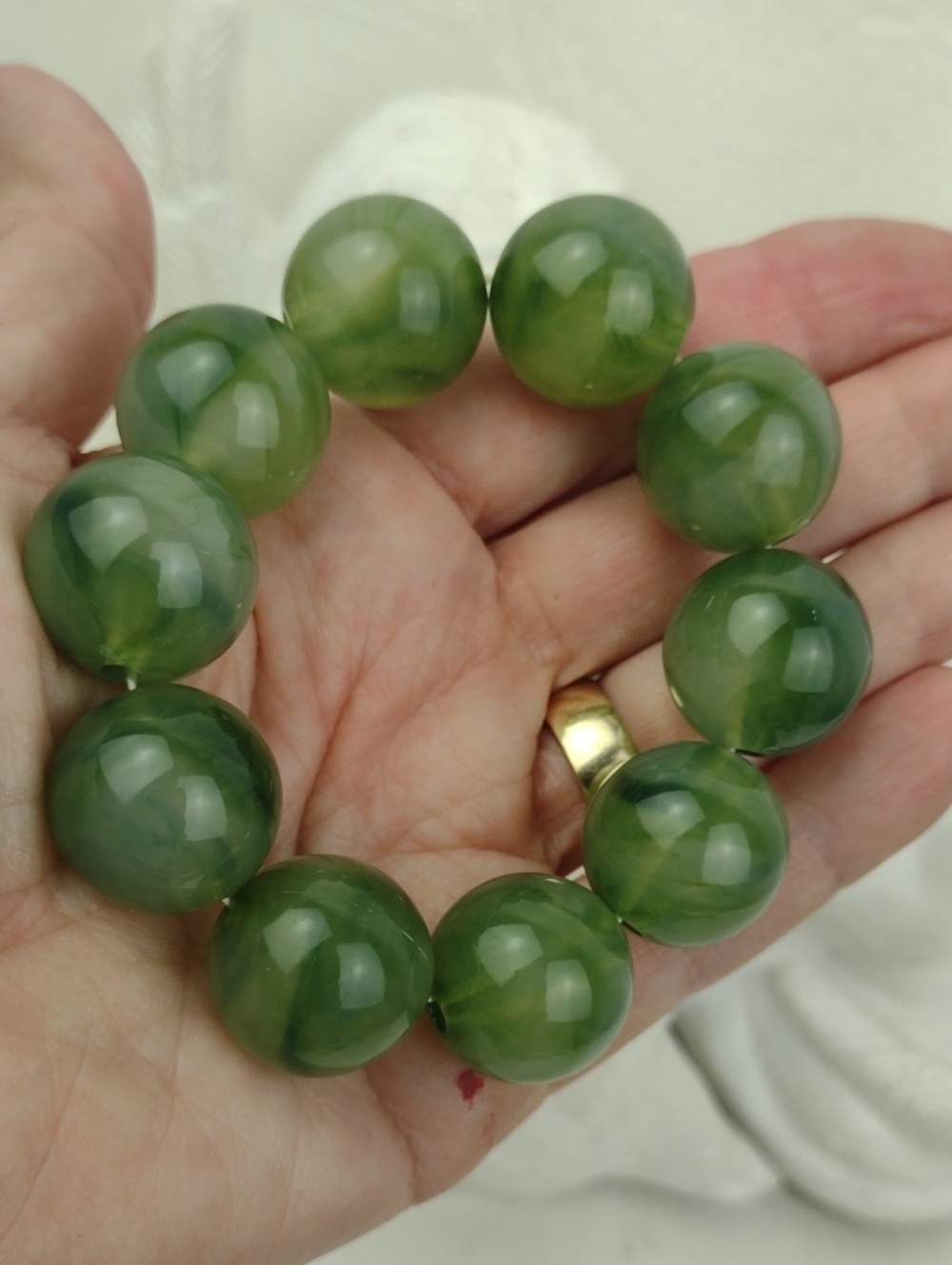 Chunky Jade Green Marbled Bead Stretch Bracelet - Picture 7 of 7
